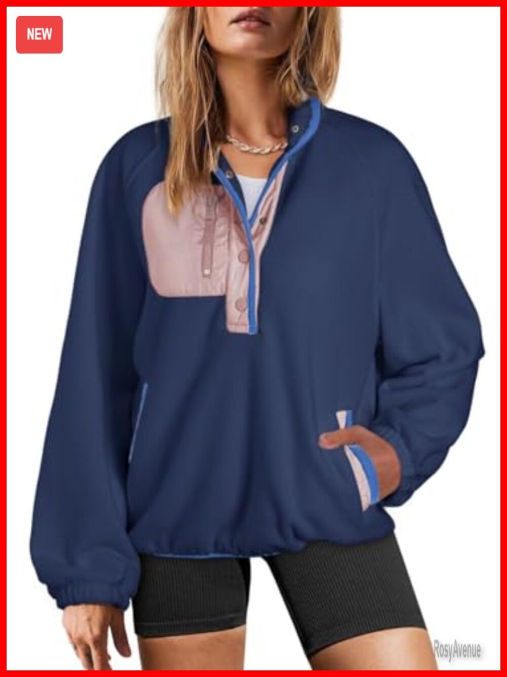 Oversized Fuzzy Fleece Sherpa Sweatshirt Color Block Button V Neck Pullover